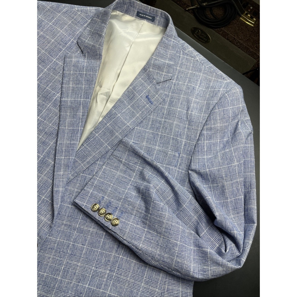 Stafford Signature Classic Fit Linen Blend 48R Bight Blue Plaid Blazer WOW
